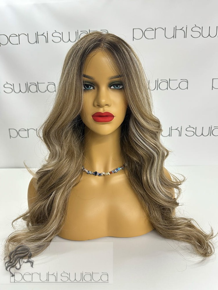 peruka syntetyczna długa fale tkana ręcznie na siatce (w koronie) mix chłodnych blondów