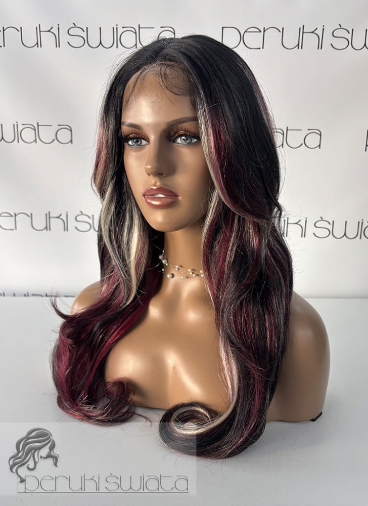 peruka długa fale burgund platyna czerń