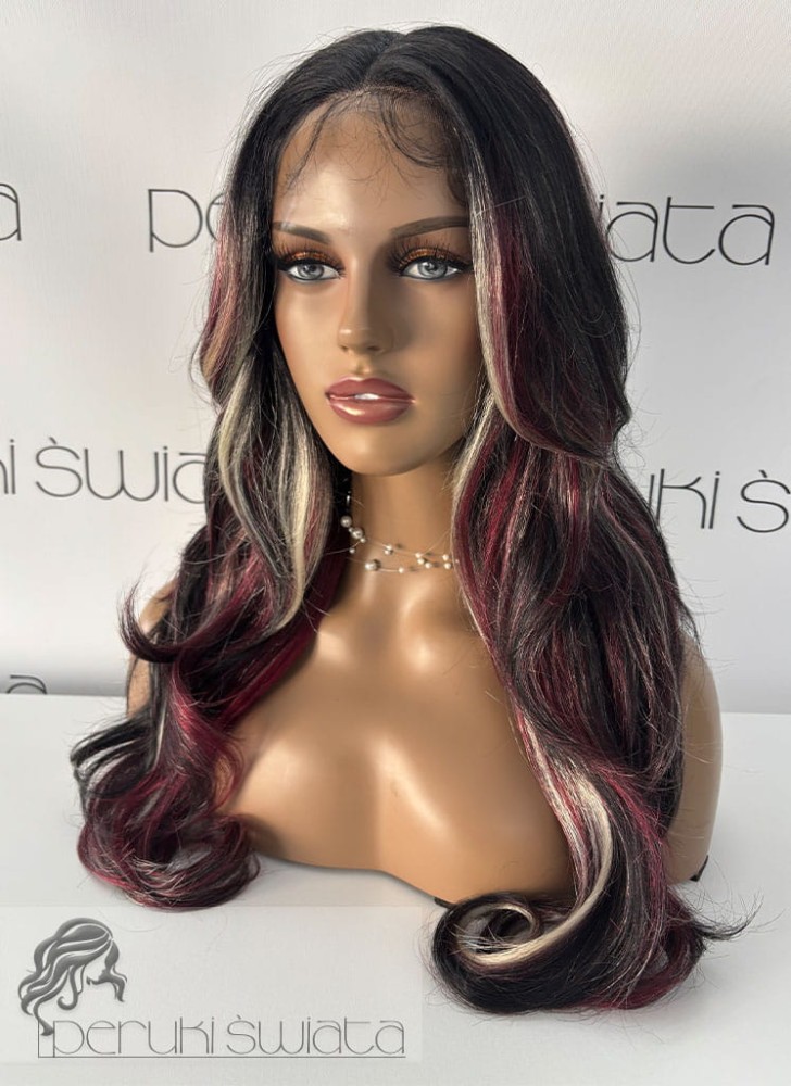 peruka długa fale burgund platyna czerń
