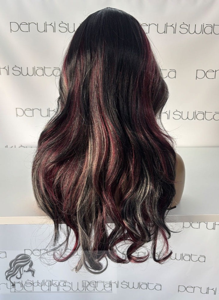 peruka długa fale burgund platyna czerń