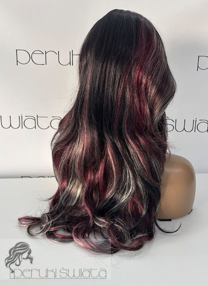 peruka długa fale burgund platyna czerń