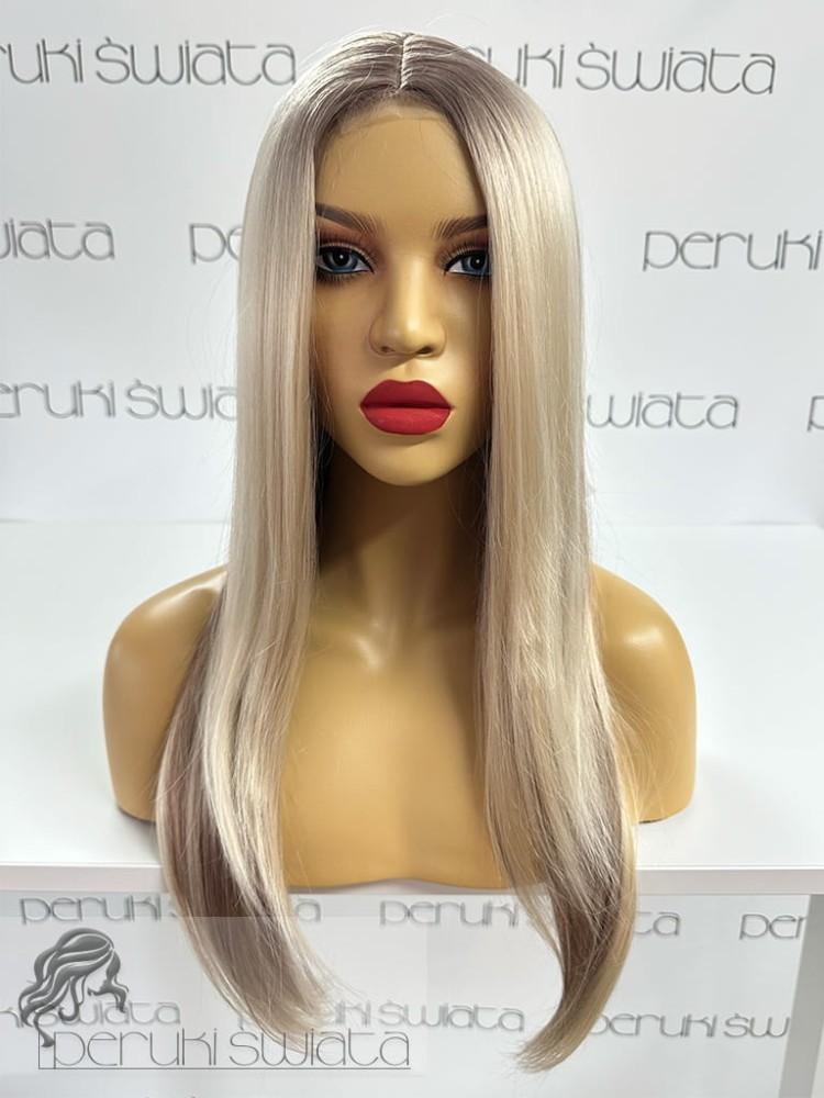 Peruka syntetyczna Rozalia, kanekalon termoplastyczny, kolor: jasny chłodny blond na subtelnym odroście z pasemkami
