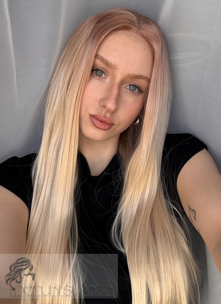 Peruka syntetyczna Ginger, czepek typu: full lace, kanekalon termoplastyczny,  jasny blond na truskawkowym odroście