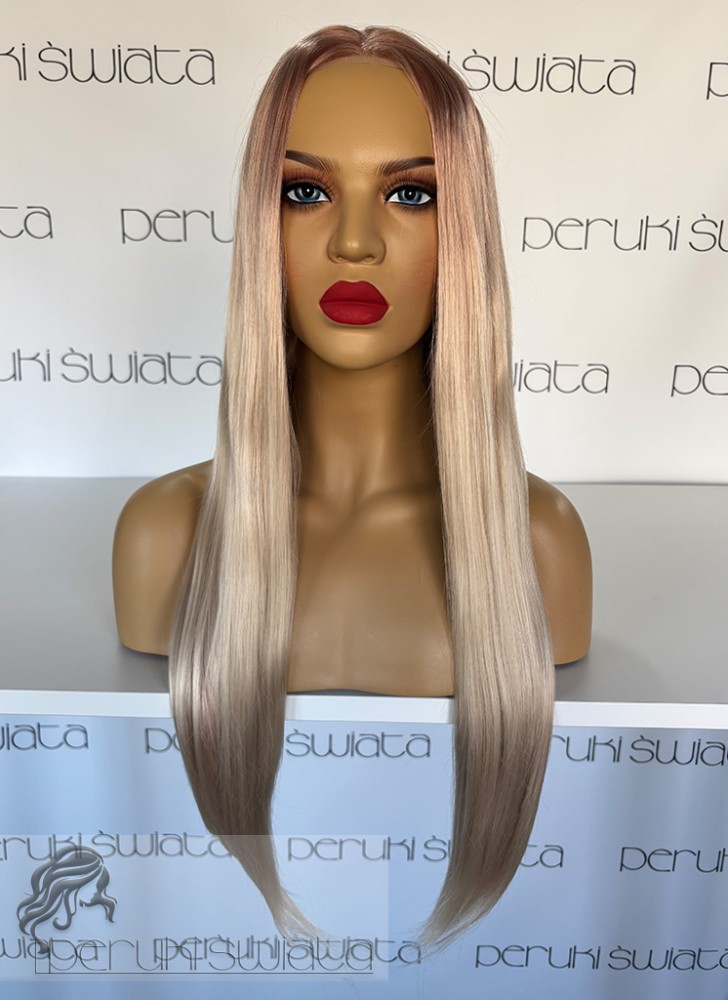 Peruka syntetyczna Ginger, czepek typu: full lace, kanekalon termoplastyczny,  jasny blond na truskawkowym odroście