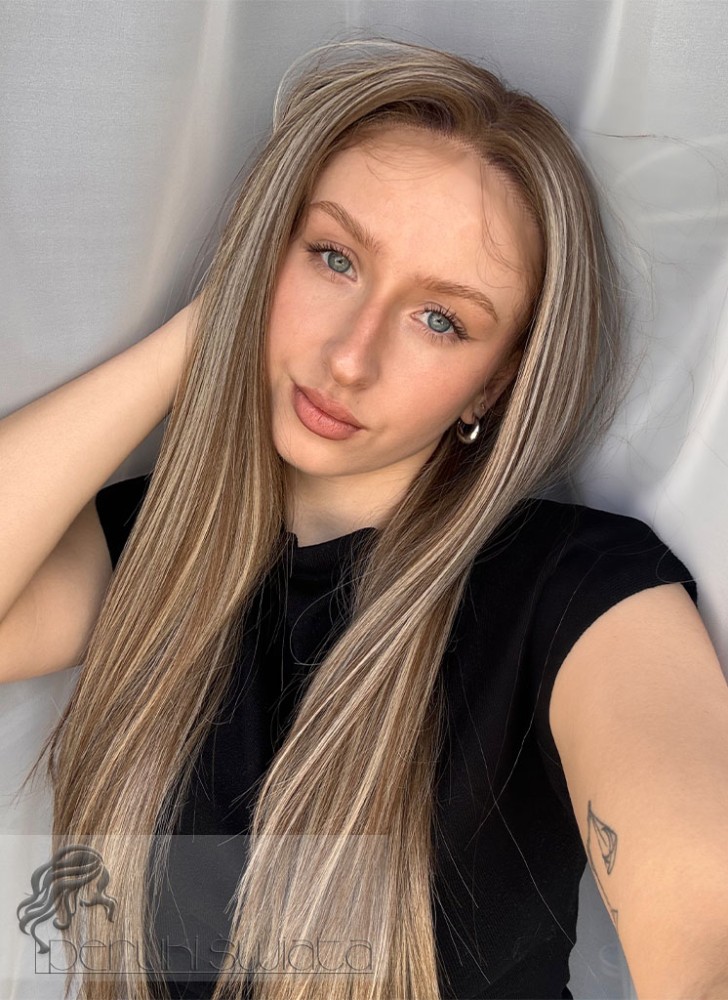 Peruka syntetyczna Philippa, czepek typu: full lace, kanekalon termoplastyczny,  średni ciepły blond z białym blondem