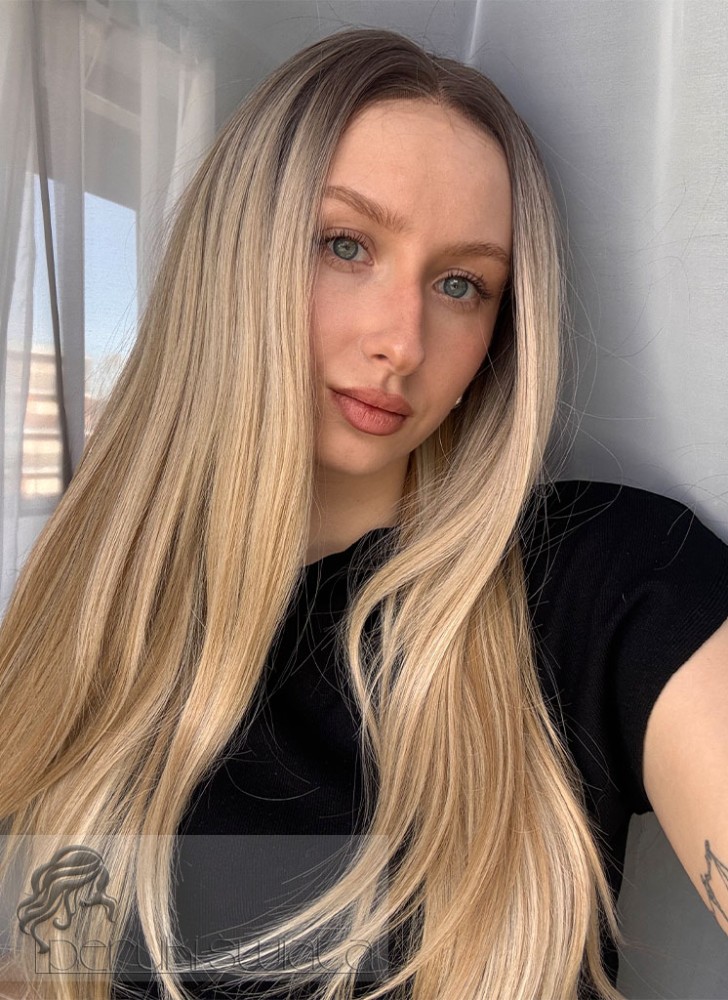 Peruka syntetyczna premium, model Verity, czepek typu: full lace, kanekalon termoplastyczny, mix jasnych, ciepłych blondów z refleksami białego blondu na odroście