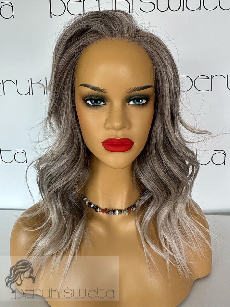 Peruka syntetyczna Kerima, czepek typu: full lace, kanekalon termoplastyczny, popielaty blond  z platynowymi końcami