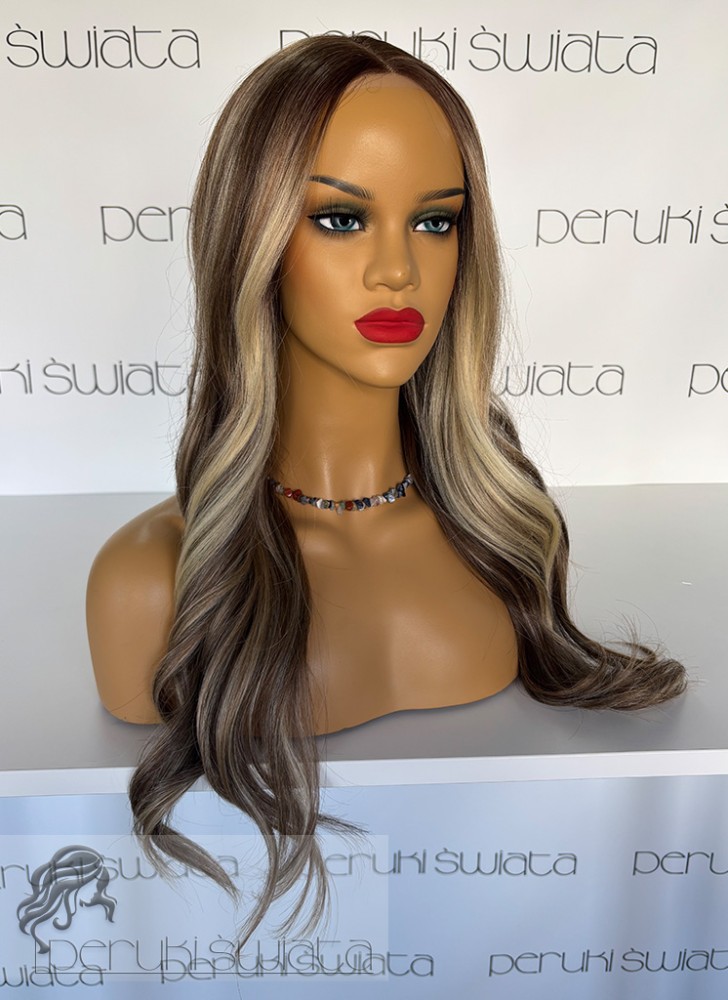 Peruka syntetyczna Valla, czepek typu: lace front, brąz z blondem