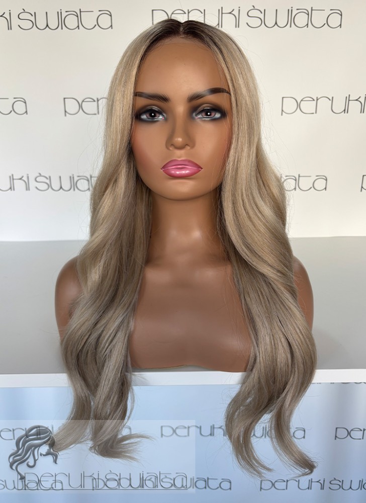 Peruka syntetyczna Valla, czepek typu: lace front, jasny blond z delikatnymi refleksami na odroście 