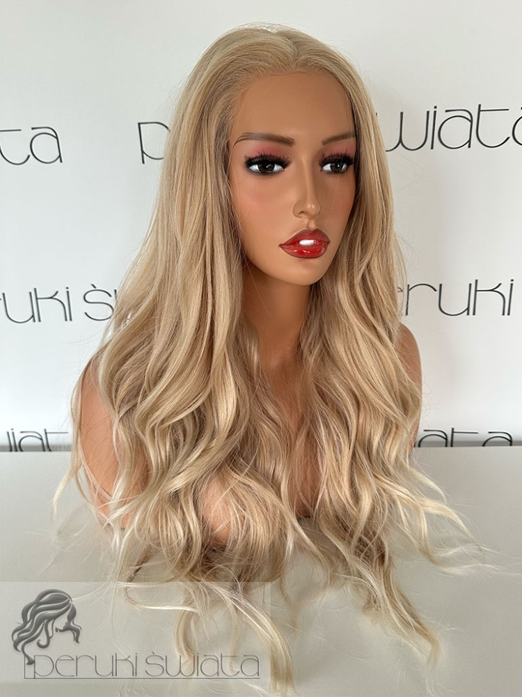 peruka syntetyczna słoneczny blond fale tkana ręcznie na siateczce podwójna regulacja rozmiaru