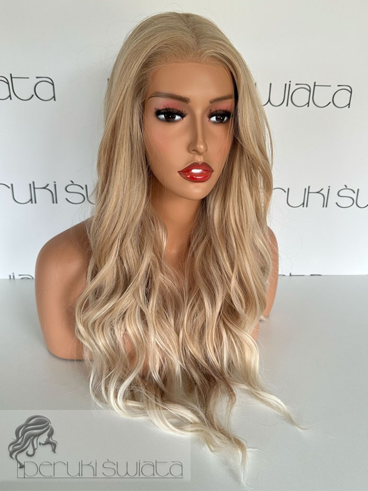 peruka syntetyczna słoneczny blond fale tkana ręcznie na siateczce podwójna regulacja rozmiaru