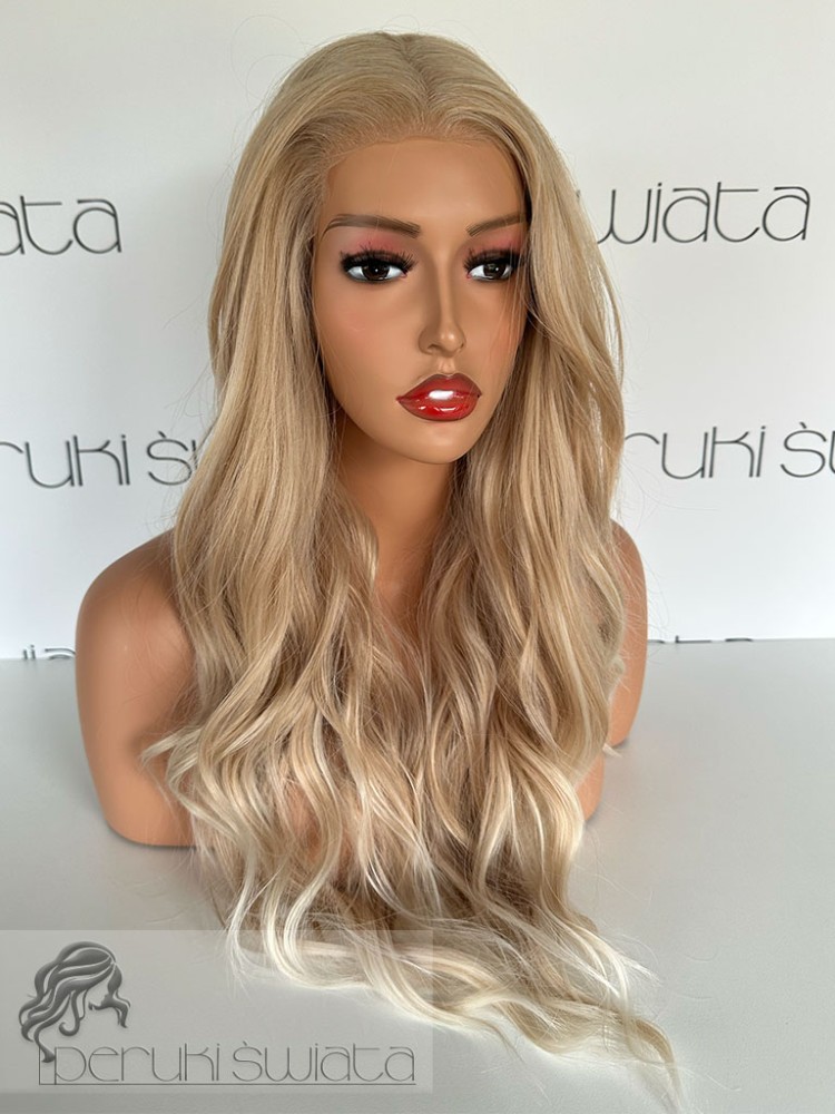 peruka syntetyczna słoneczny blond fale tkana ręcznie na siateczce podwójna regulacja rozmiaru
