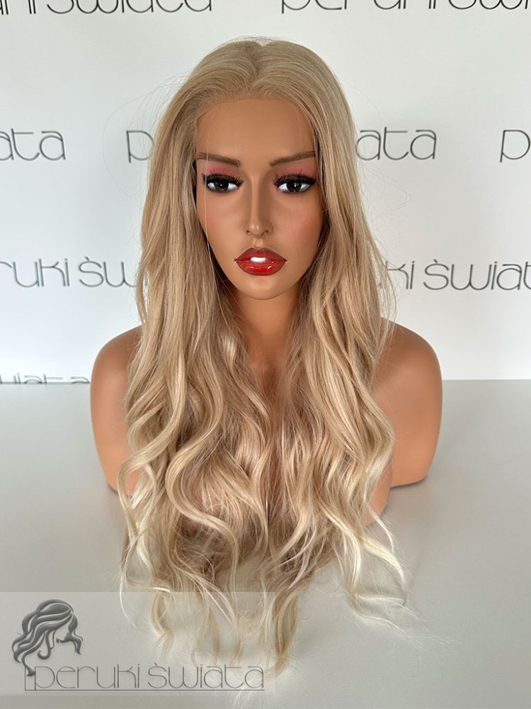 peruka syntetyczna słoneczny blond fale tkana ręcznie na siateczce podwójna regulacja rozmiaru