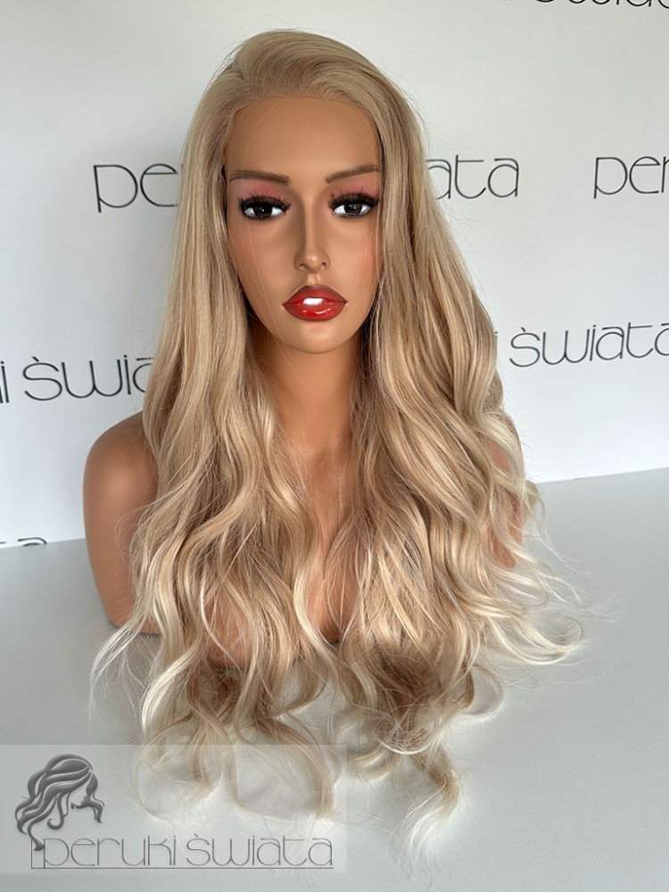 peruka syntetyczna słoneczny blond fale tkana ręcznie na siateczce podwójna regulacja rozmiaru