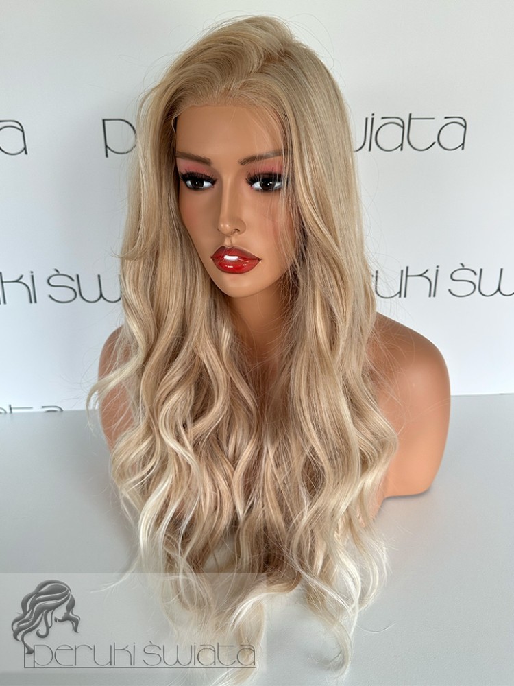 peruka syntetyczna słoneczny blond fale tkana ręcznie na siateczce podwójna regulacja rozmiaru