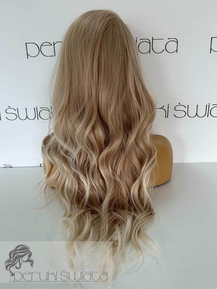 peruka syntetyczna słoneczny blond fale tkana ręcznie na siateczce podwójna regulacja rozmiaru