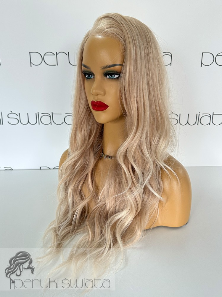 peruka syntetyczna słoneczny blond fale tkana ręcznie na siateczce podwójna regulacja rozmiaru