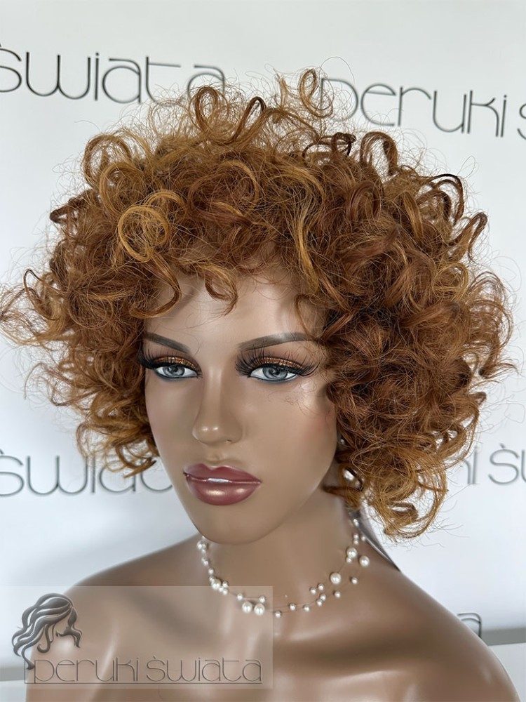 Peruka syntetyczna Saga, afroloki, peruka o dużej objętości, kolor: rudy z miodowymi blond pasemkami