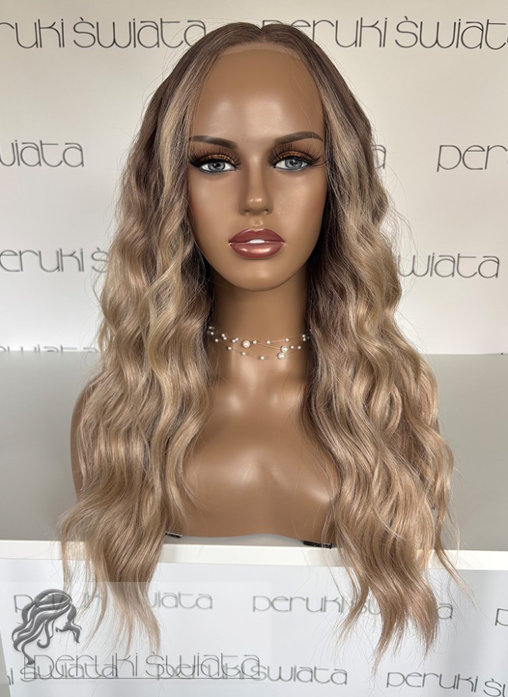 Peruka syntetyczna River, czepek typu: full lace, kanekalon termoplastyczny, sombre: mix beżowo-szarych blondów