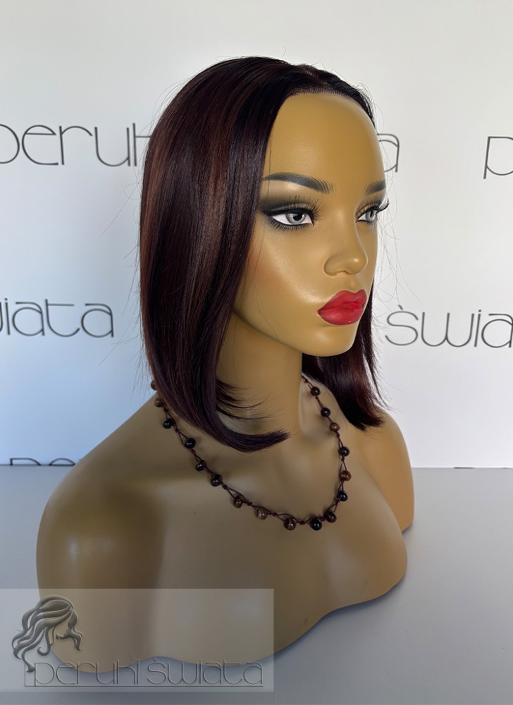 Peruka syntetyczna Rafaela z podwójną regulacją rozmiaru, czepek typu: full lace, kanekalon termoplastyczny, burgundowy brąz z pasemkami rudego