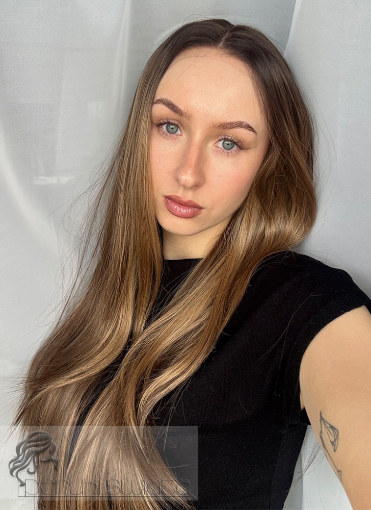 Peruka syntetyczna Vivianne, czepek typu: full lace, kanekalon termoplastyczny, brąz z refleksami na subtelnym odroście