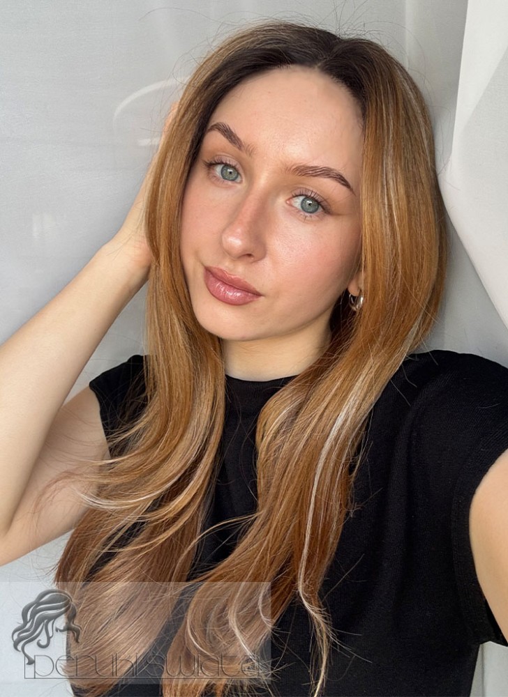 Peruka syntetyczna Ebony, czepek typu: full lace, kanekalon termoplastyczny, miodowy blond z białymi blond pasemkami na odroście
