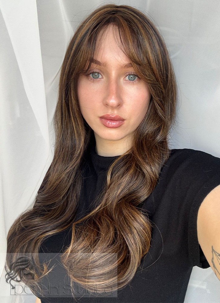 Peruka syntetyczna, model Amaris, monotop, mix ciepłych brązów z miodowym blondem