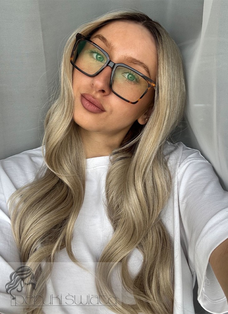 Peruka syntetyczna Valla, czepek typu: lace front, jasny blond z delikatnymi refleksami na odroście 