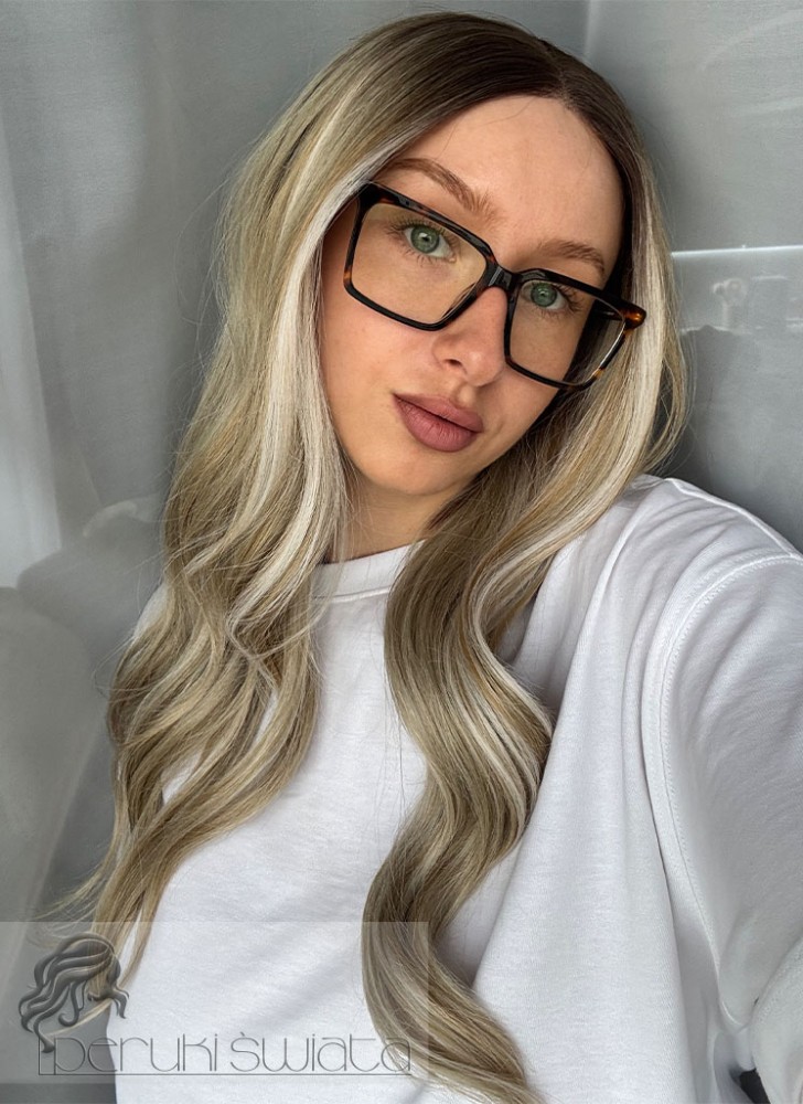 Peruka syntetyczna Valla, czepek typu: lace front, słowiański blond na odroście z pasemkami brzoskwiniowego i białego blondu