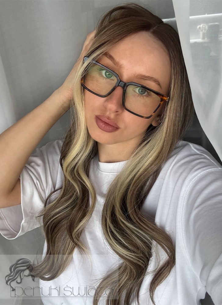 Peruka syntetyczna Valla, czepek typu: lace front, brąz z blondem