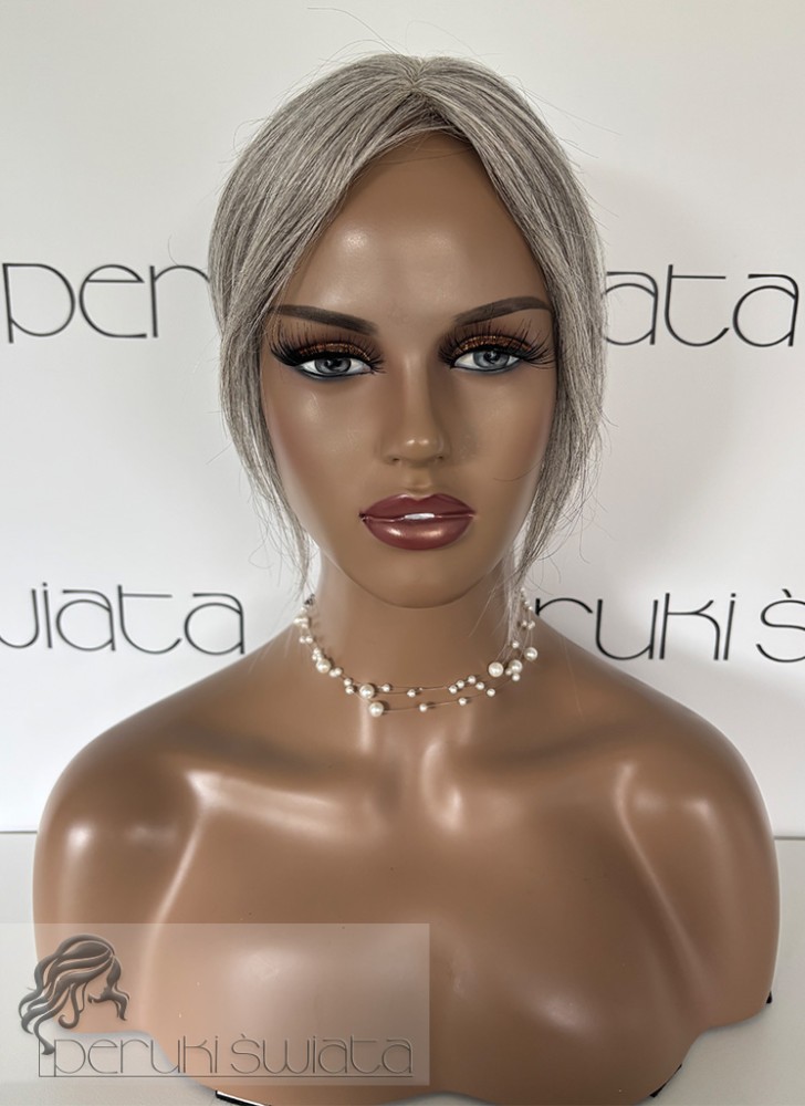 Mini topper tupet Nadia, włosy naturalne tkane ręcznie na siateczce, kolor: szary blond