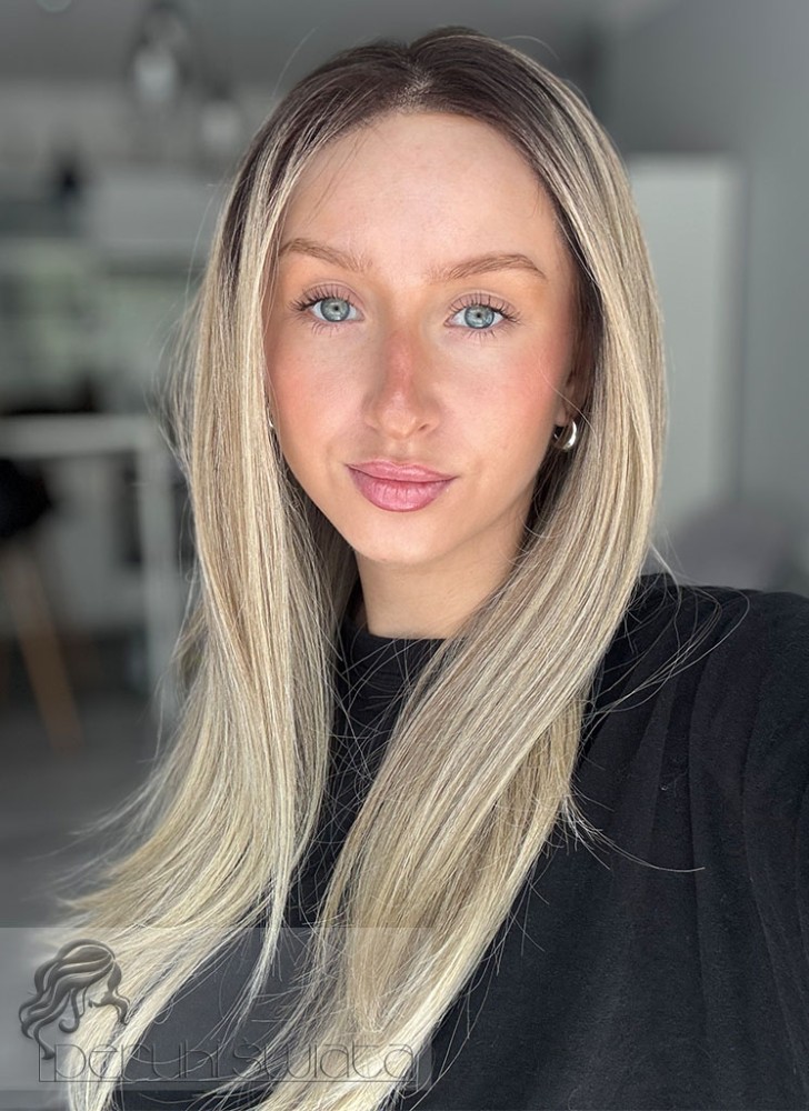 Peruka syntetyczna Annie, kanekalon termoplastyczny, full lace front, kolor: mix słowiańskich blondów jaśniejących ku końcom na odroście