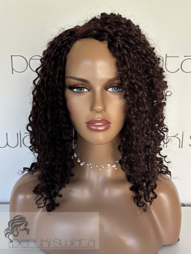 Peruka syntetyczna Ariadne, afroloki, kanekalon termoplastyczny, czepek lace front, najciemniejszy brąz nr 2