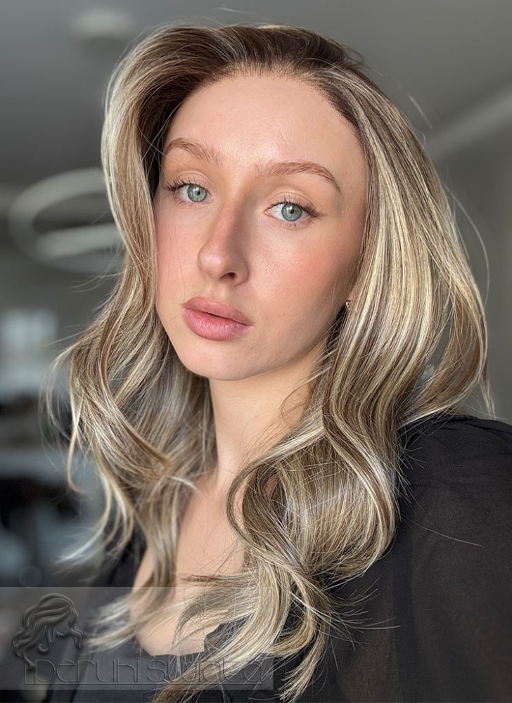Peruka syntetyczna Ilona, czepek typu: full lace, kanekalon termoplastyczny, balayage: ciepłe blondy