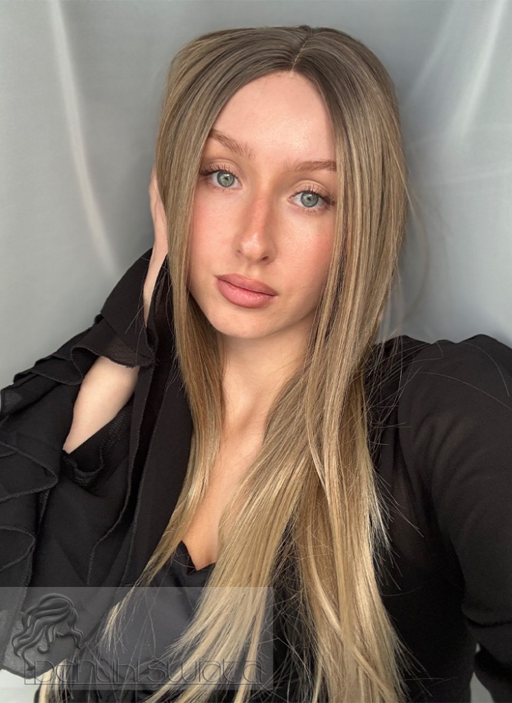 Peruka syntetyczna Maris, kanekalon termoplastyczny, czepek typu lace front, średni blond jaśniejący ku końcom na odroście