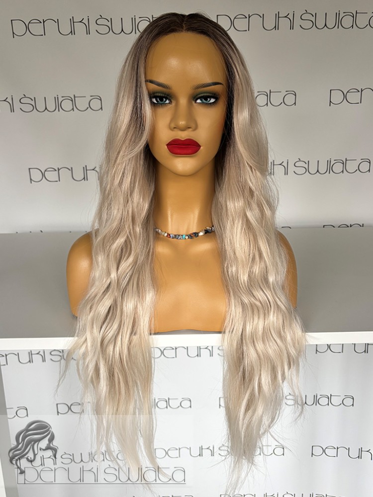 Peruka syntetyczna premium, Anabelle, czepek typu: full lace, kanekalon termoplastyczny, platynowy blond delikatnie jaśniejący ku końcom na odroście