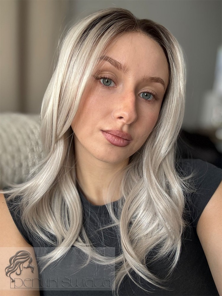 Peruka syntetyczna premium, Aveline, czepek typu: full lace, kanekalon termoplastyczny, platynowy blond na odroście
