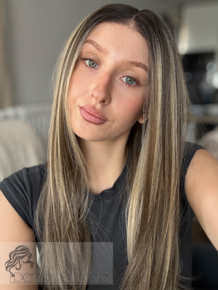 Peruka syntetyczna, model Annie, kanekalon, full lace front, kolor: mix ciepłych blondów