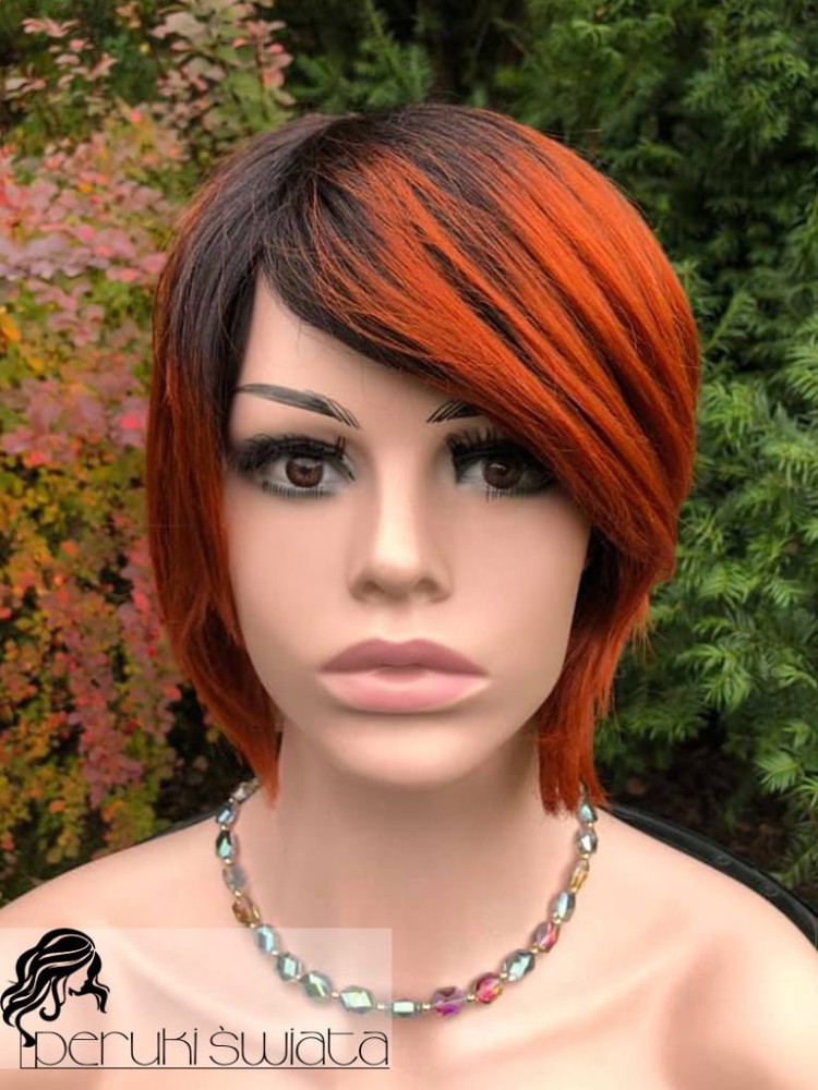 Peruka Celia, włosy naturalne,  kolor tycjan z czarnym odrostem, 