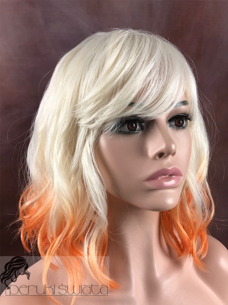 Peruka syntetyczna Koral, kanekalon termoplastyczny, bob z grzywką, mix blond/pomarańcz