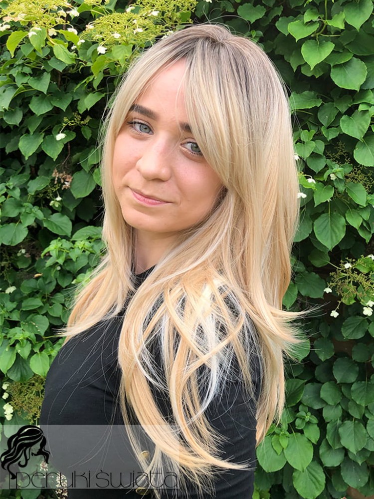 Peruka syntetyczna typu "true hair", model Jeanne,  long bob, mix blondów na ciemnym odroście