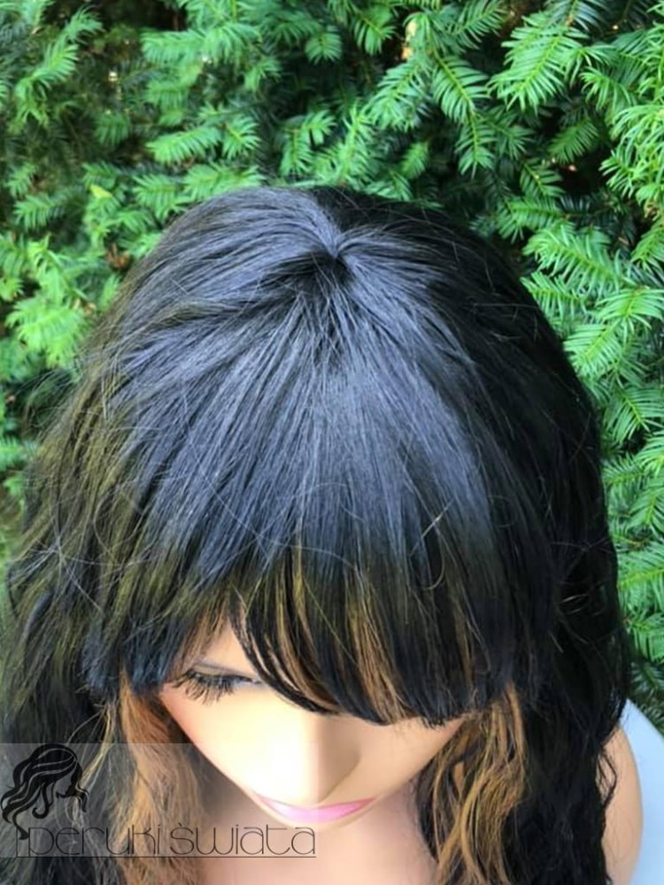long bob z grzywką fale czerń z blondem