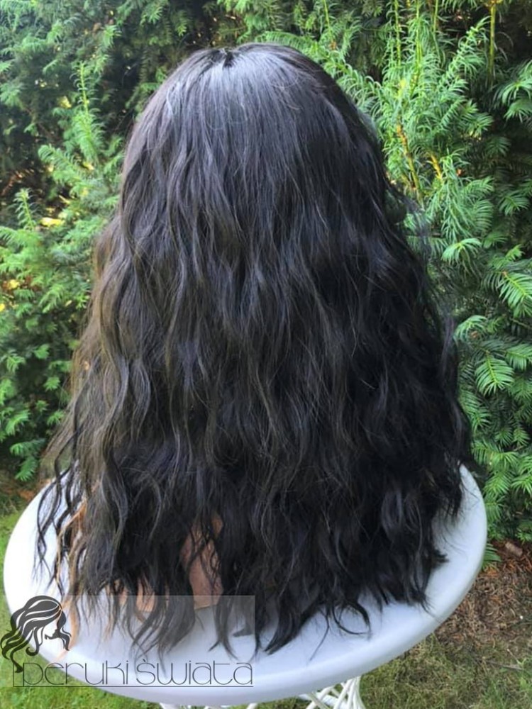 long bob z grzywką fale czerń z blondem